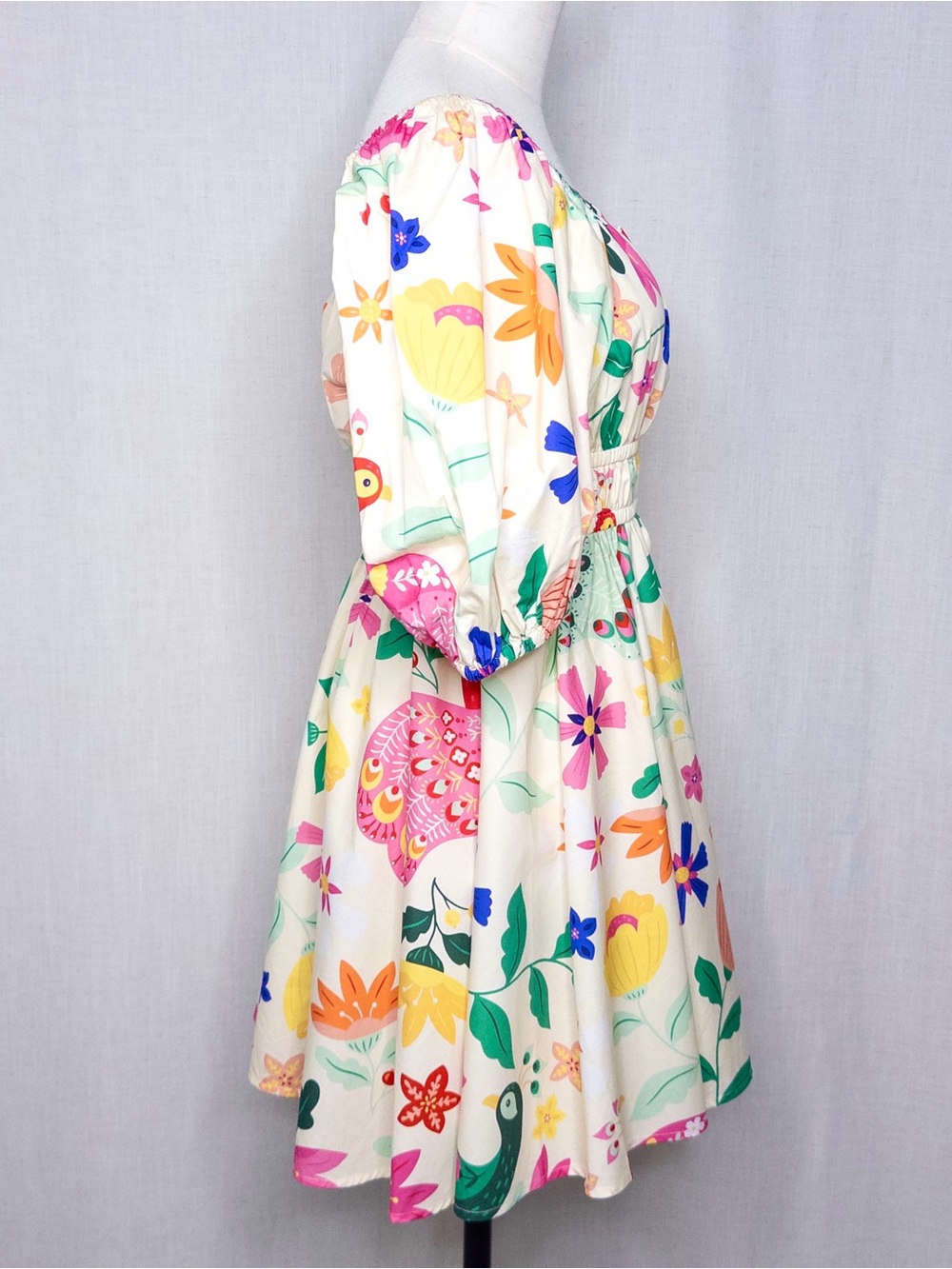 Sincerely Ours Puff Sleeve Resort Mini Dress Tropical Peacock Floral Large - Picture 4 of 15